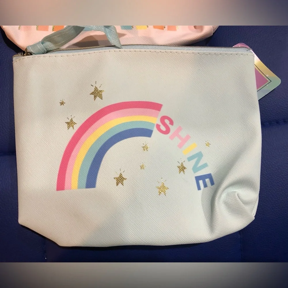 2pk graphic print positive vibes & shine rainbow makeup‎ toiletries bag cases
